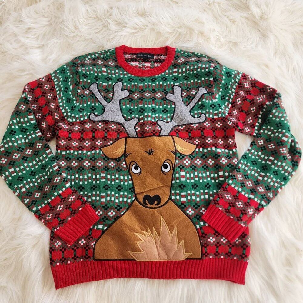 Blizzard Bay reindeer‎ with pocket front ugly Christmas sweater men's size large